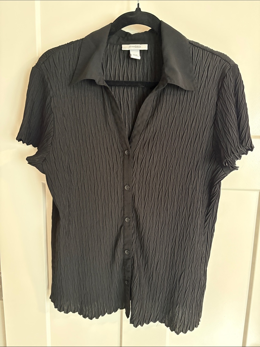 Pleated Black Short-Sleeve Button Front Shirt